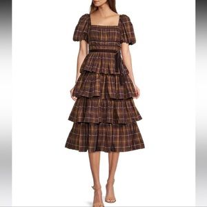 Antonio Melani Maisie Plaid Print Square Neck Puff Sleeve Ruffle Midi Dress